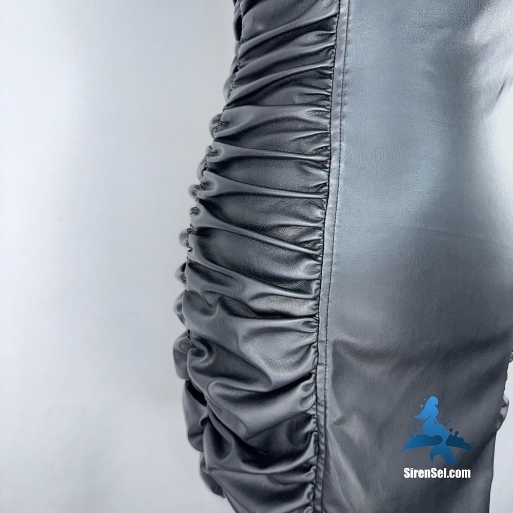 1069 NWOT Zara Black Faux Leather Dress w/Ruching - Picture 5 of 16